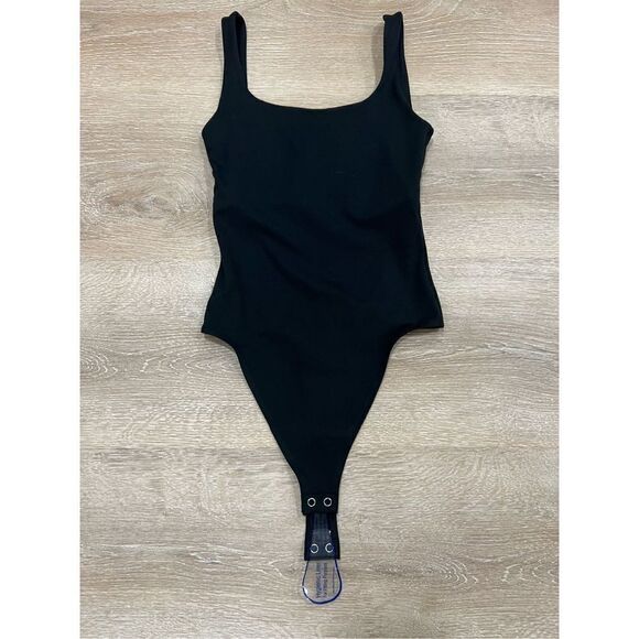 Good American One Piece Bodysuit Womens 0 Black Square Neck Wide Strap Stretch - Picture 2 of 6